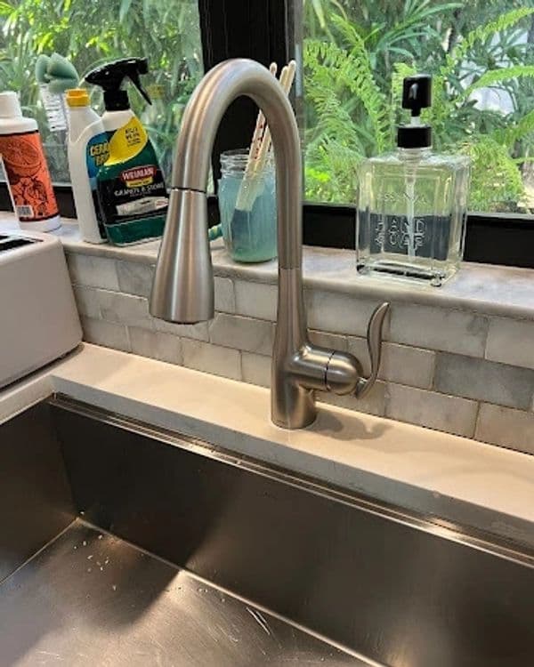 Modern kitchen faucet with pull-down sprayer, stainless steel finish by a clean sink and plants.
