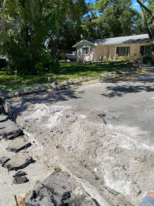 Damaged driveway with cracked pavement near a residential home and lush greenery.