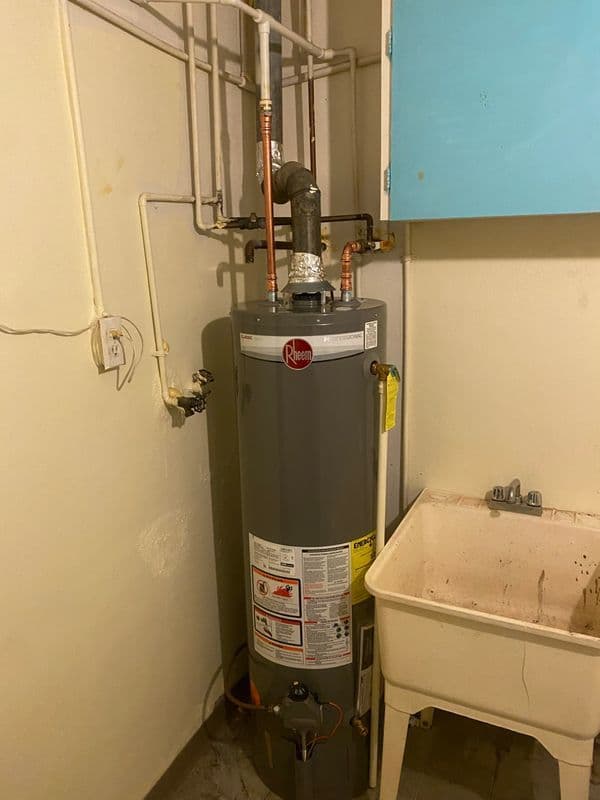Rheem water heater installed in a utility room beside a laundry sink.