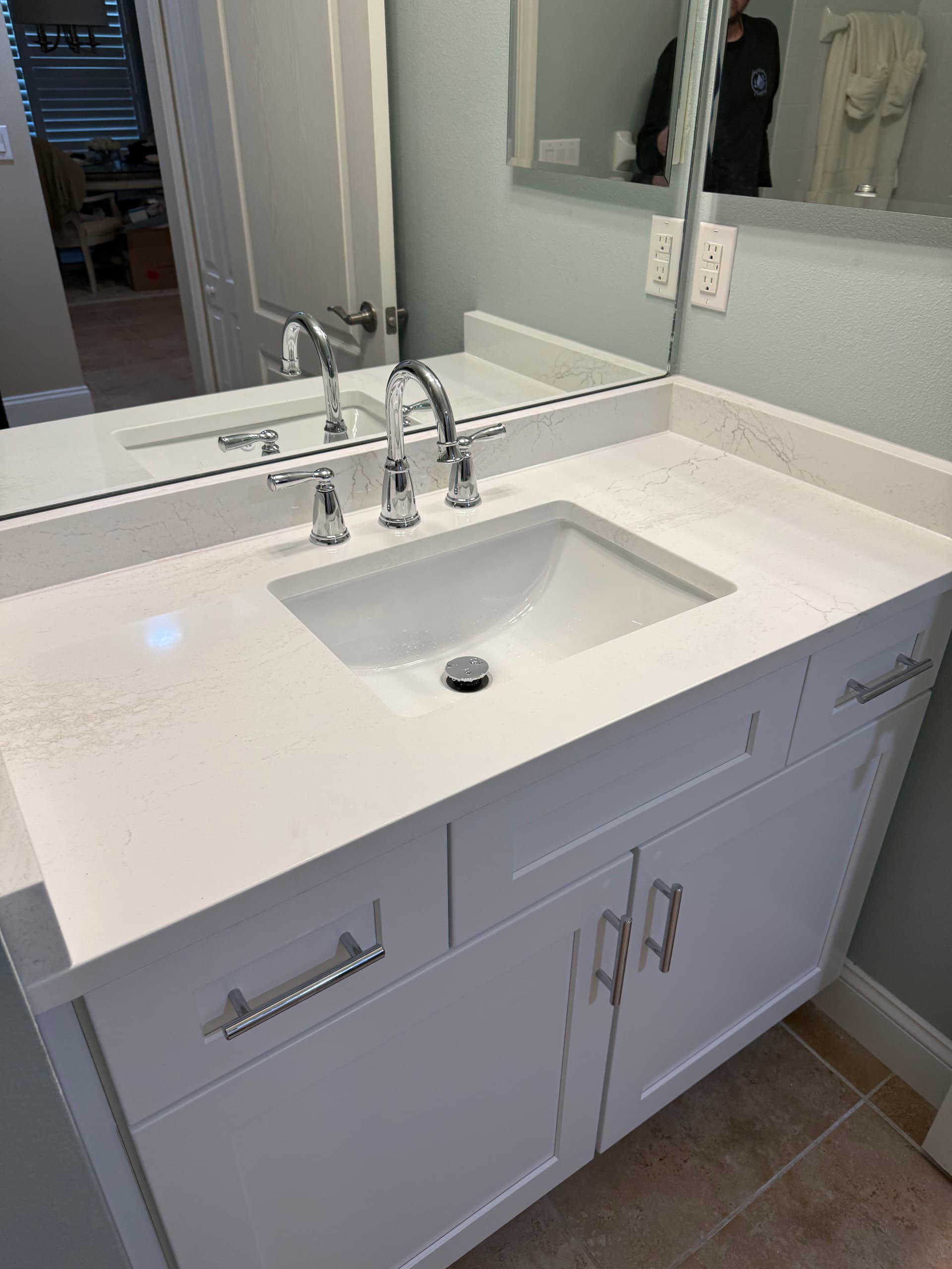 Gallery photos for 3 Moen Banbury Faucets Installed on a Fresh Bathroom Vanity: Image #1