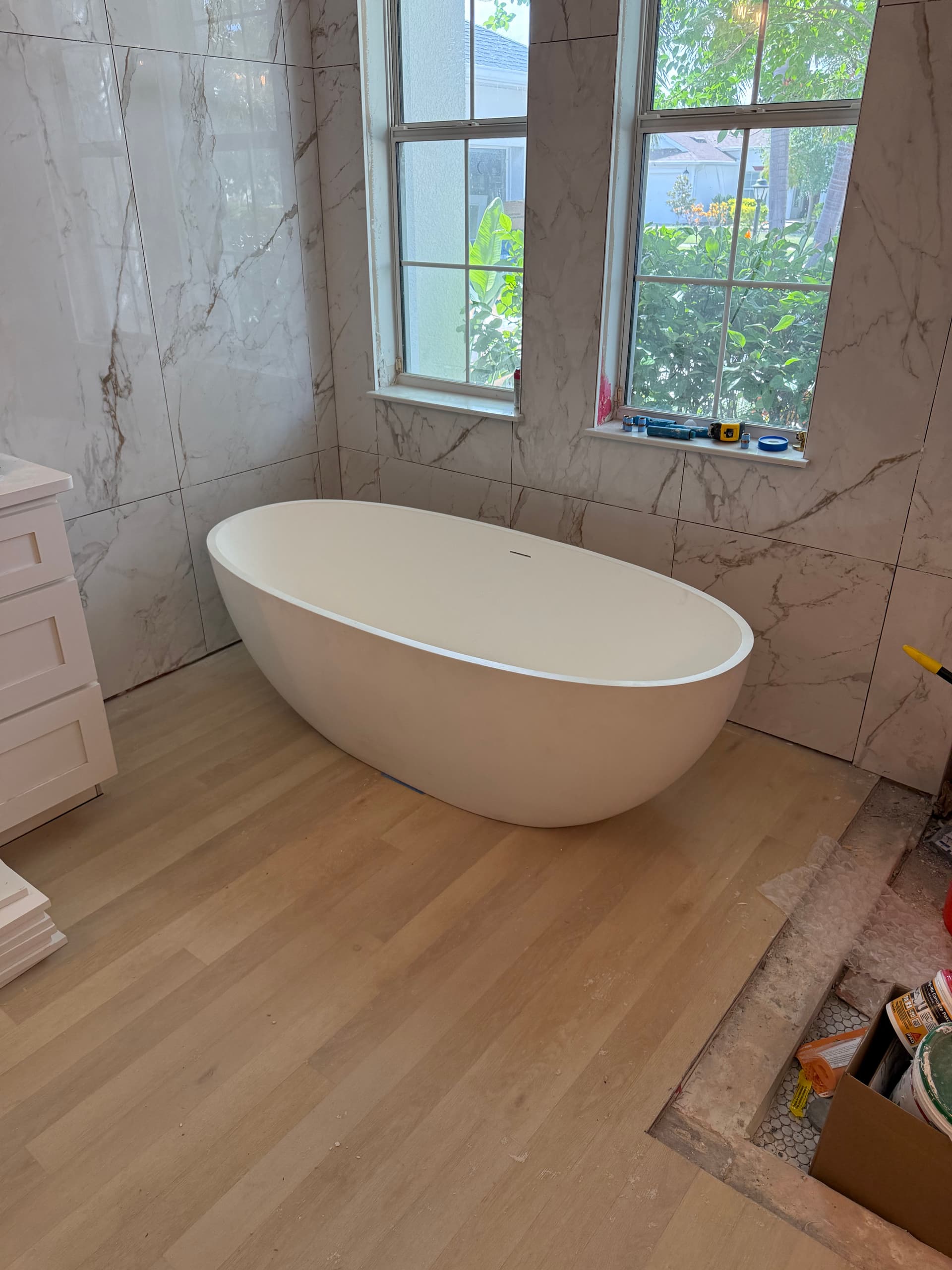 Gallery photos for 300 lb Stone Resin Tub Install with Kohler Gold Brass Fixtures: Image #2